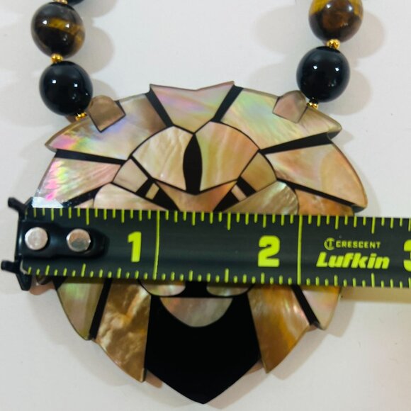 Lee Sands MOP Abalone Mosaic Lion Necklace Earrings Set on Onyx Tigers Eye Beads - Picture 8 of 8